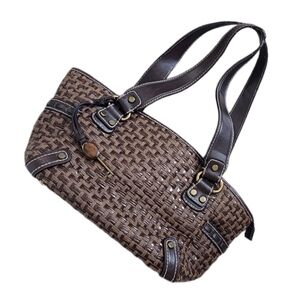 Vintage Fossil Key Raffia Woven Straw Leather Shoulder Bag Purse Pocketbook FLAW